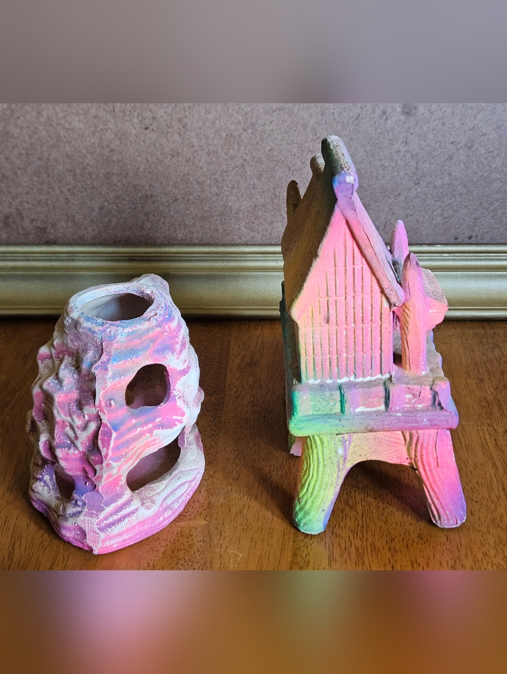 Vtg Fluorescent Watera Hut & Decorative Hot Pink Reefscape for Fishtank